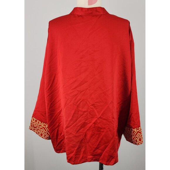 Women's Natori Chinese Style Button Down Blouse Wide Sleeves XL Red Shiny Look - Picture 5 of 7